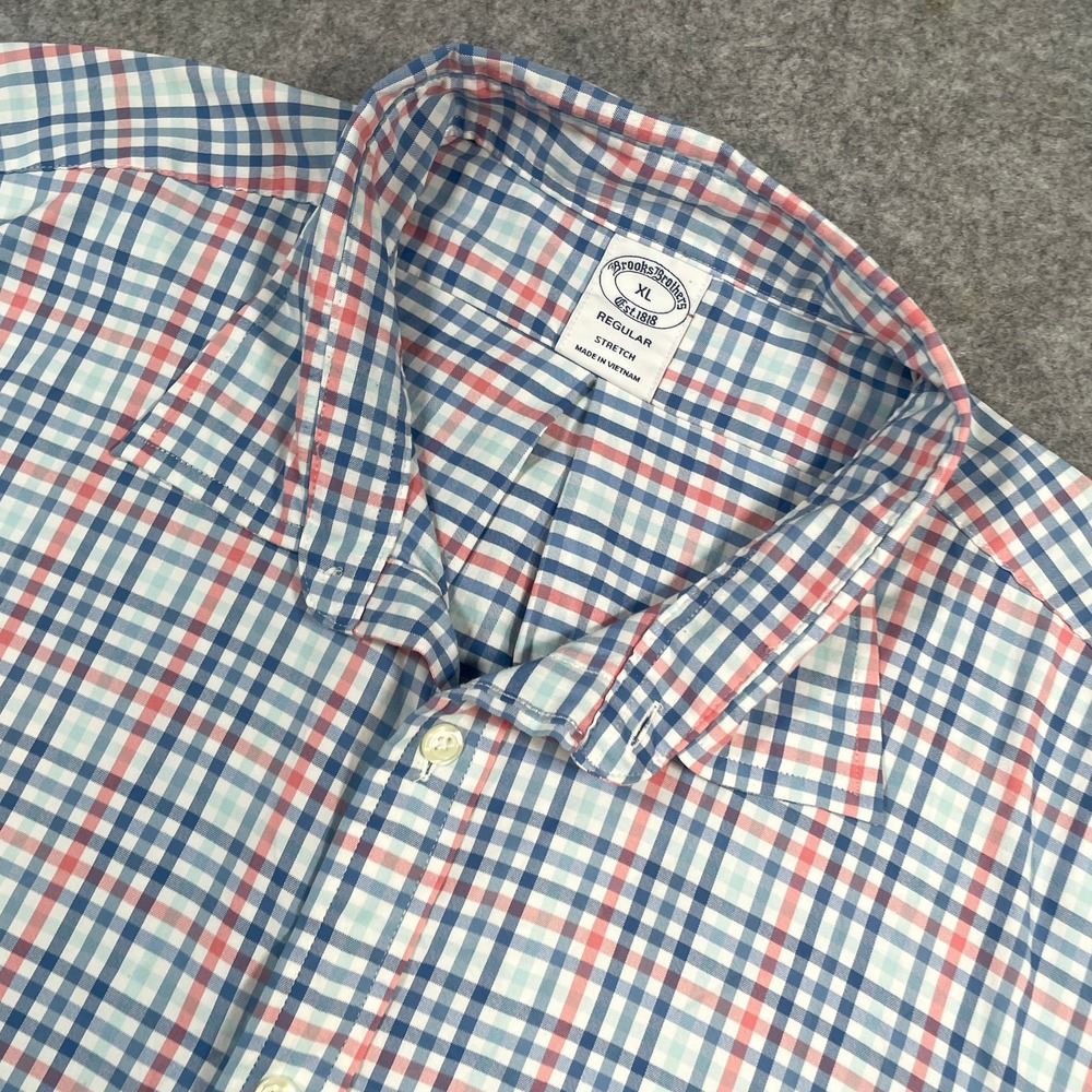 Brooks Brothers Mens Button Down Shirt XL Blue Pink Plaid Regular Stretch